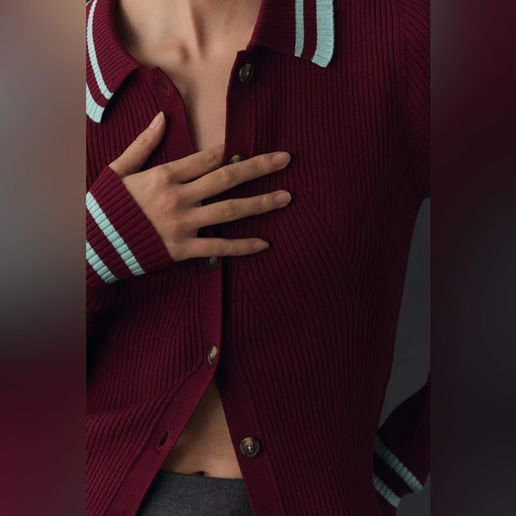 ANTHRO MAEVE Plunging Long-Sleeve Polo Cardigan Burgundy Baby Blue Ribbed Small - Picture 5 of 17